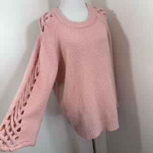 HUMMINGBIRD BRAND SWEATER S PINK LACE UP SLEEVE CABLE KNIT CHUNKY CREW NECK